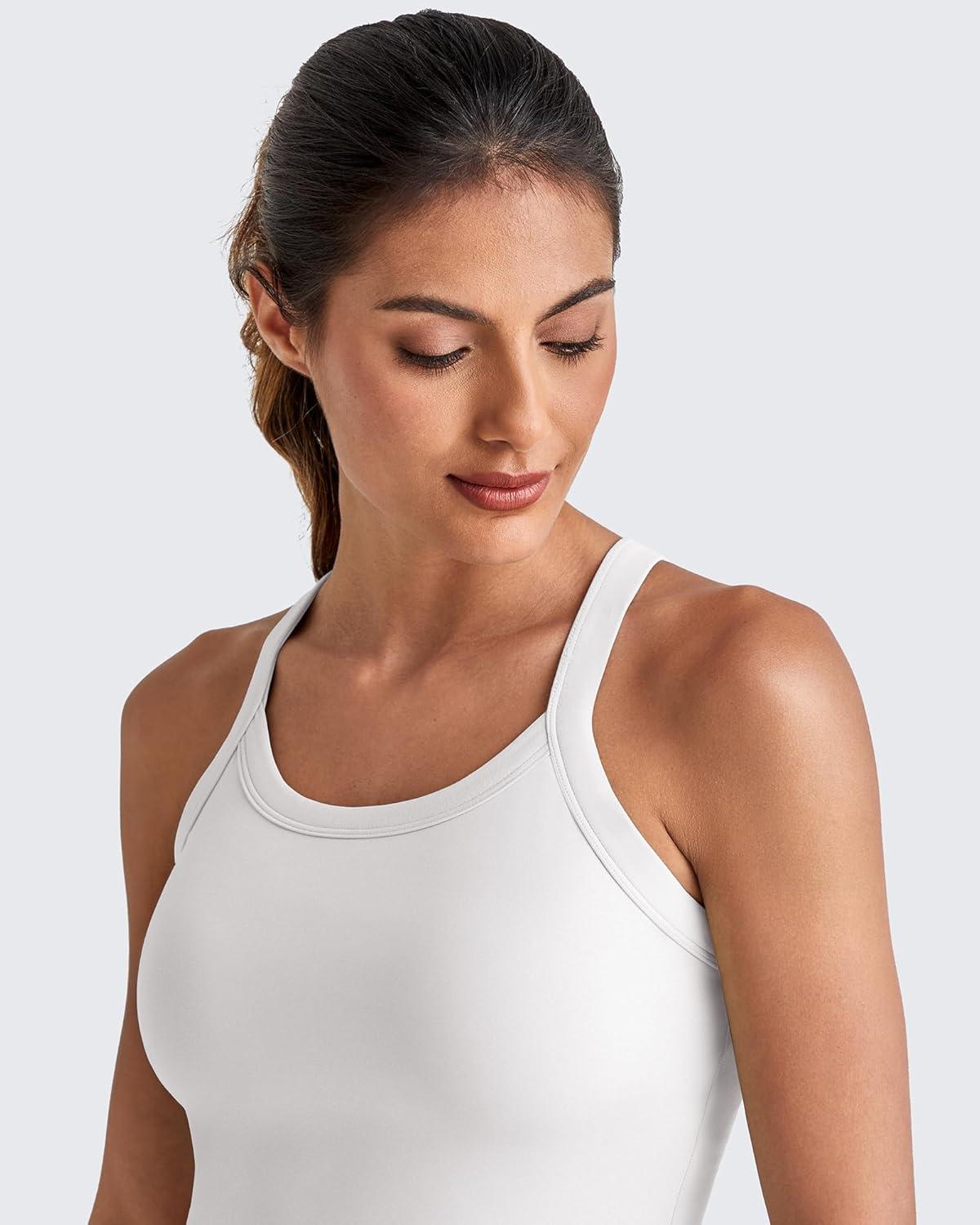 imageG4Free Cropped Workout Tops for Women Built in Bra Removable Padded Longline Sports Bras Racerback Yoga TopsWhite