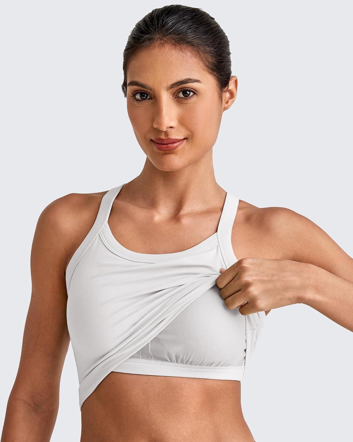 imageG4Free Cropped Workout Tops for Women Built in Bra Removable Padded Longline Sports Bras Racerback Yoga TopsWhite