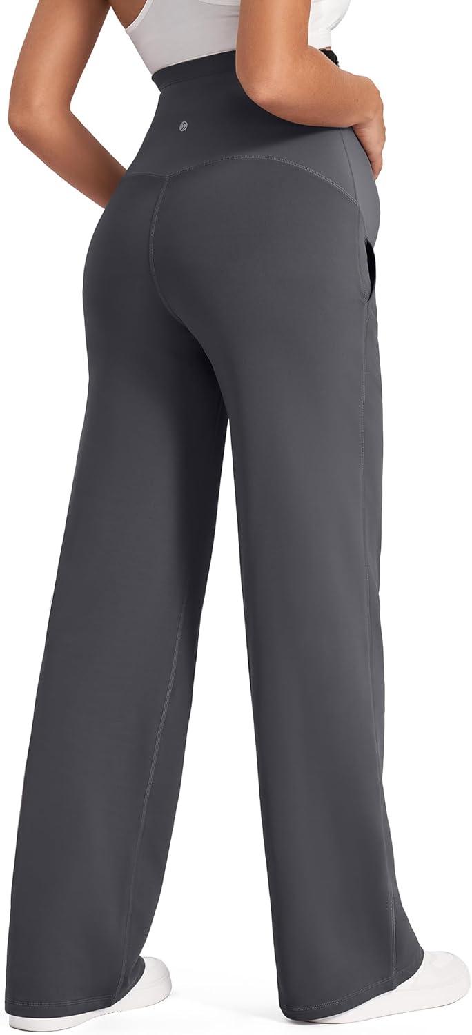 imageG4Free Fleece Lined Maternity Yoga Pants Over The Belly Stretchy Wide Leg Warm Pregnancy Work Trousers with PocketsDark Gray