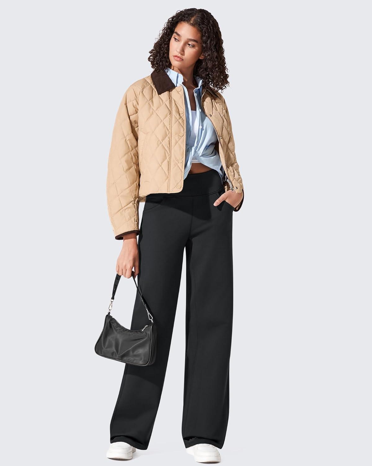 imageG4Free Fleece Lined Pants Women Wide Leg Work Trousers with Pockets High Waisted Sweatpants for Casual Dress WinterBlack