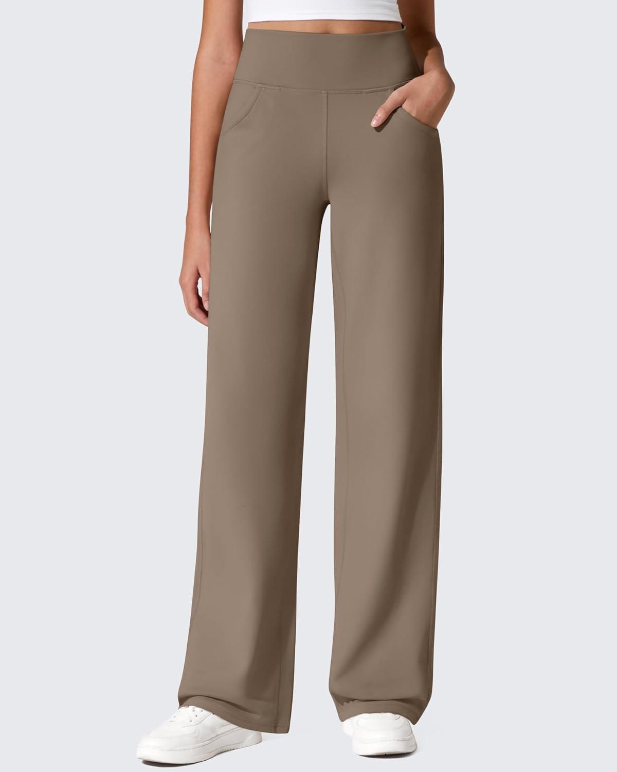 imageG4Free Fleece Lined Pants Women Wide Leg Work Trousers with Pockets High Waisted Sweatpants for Casual Dress WinterDark Brown