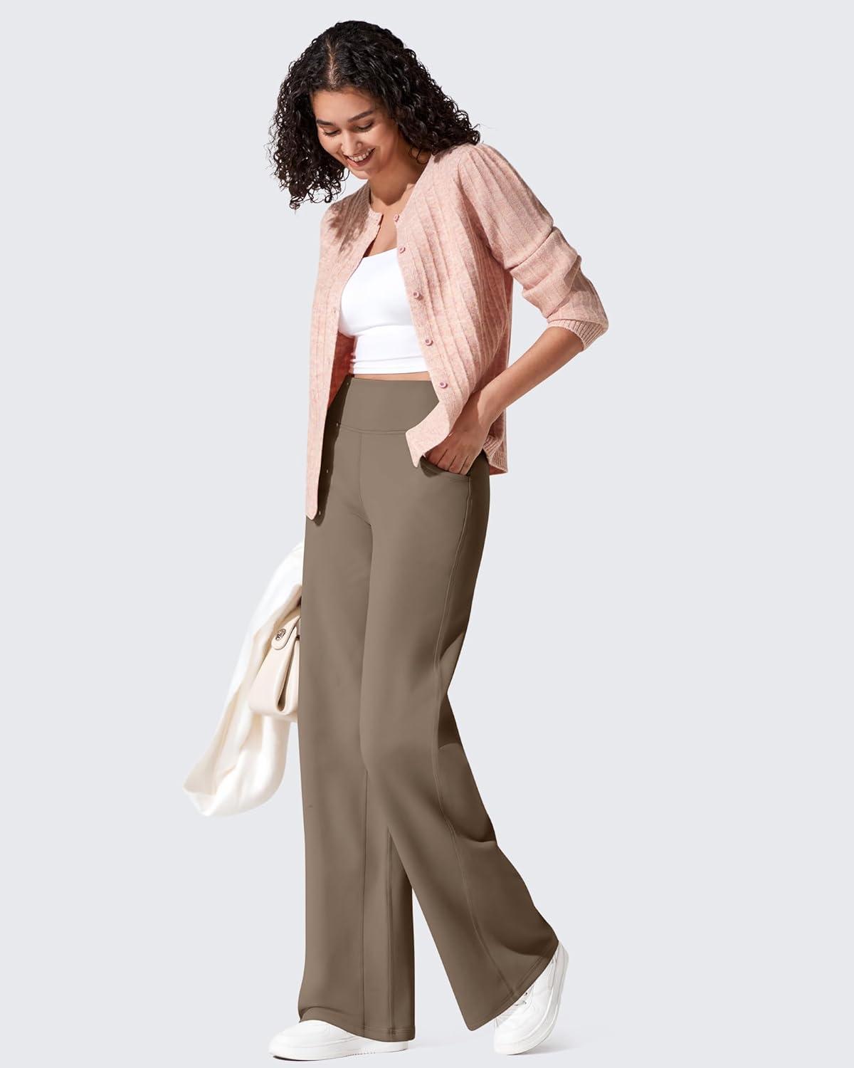 imageG4Free Fleece Lined Pants Women Wide Leg Work Trousers with Pockets High Waisted Sweatpants for Casual Dress WinterDark Brown