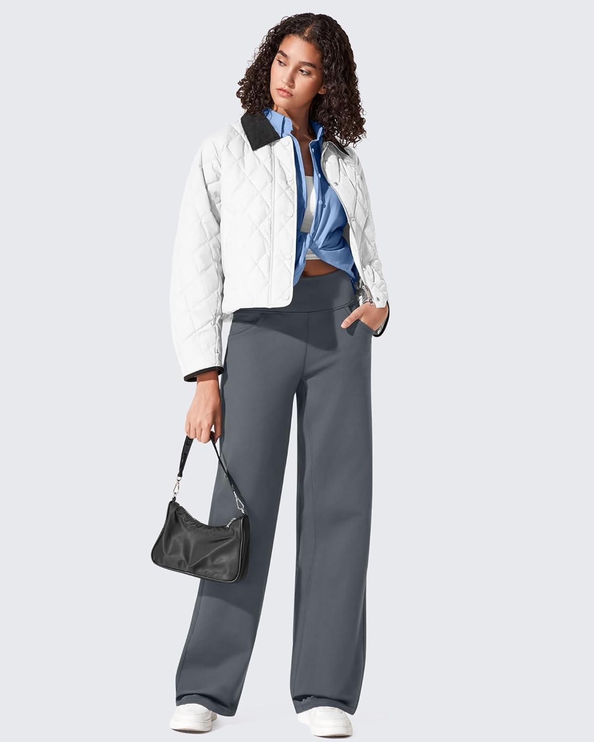 imageG4Free Fleece Lined Pants Women Wide Leg Work Trousers with Pockets High Waisted Sweatpants for Casual Dress WinterDark Grey