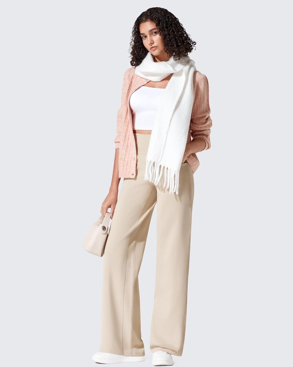 imageG4Free Fleece Lined Pants Women Wide Leg Work Trousers with Pockets High Waisted Sweatpants for Casual Dress WinterLight Khaki