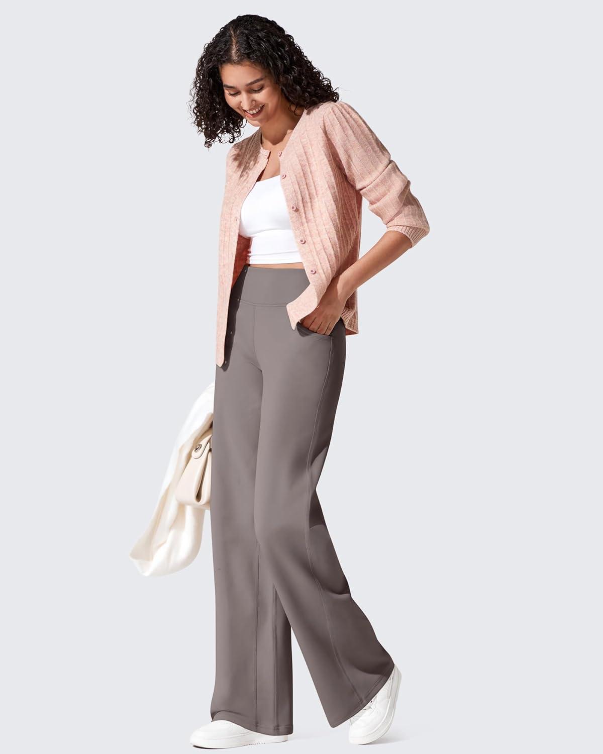imageG4Free Fleece Lined Pants Women Wide Leg Work Trousers with Pockets High Waisted Sweatpants for Casual Dress WinterTaupe
