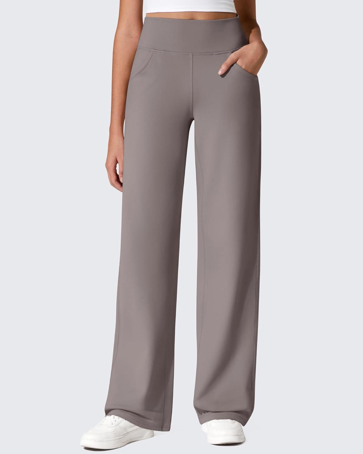 imageG4Free Fleece Lined Pants Women Wide Leg Work Trousers with Pockets High Waisted Sweatpants for Casual Dress WinterTaupe