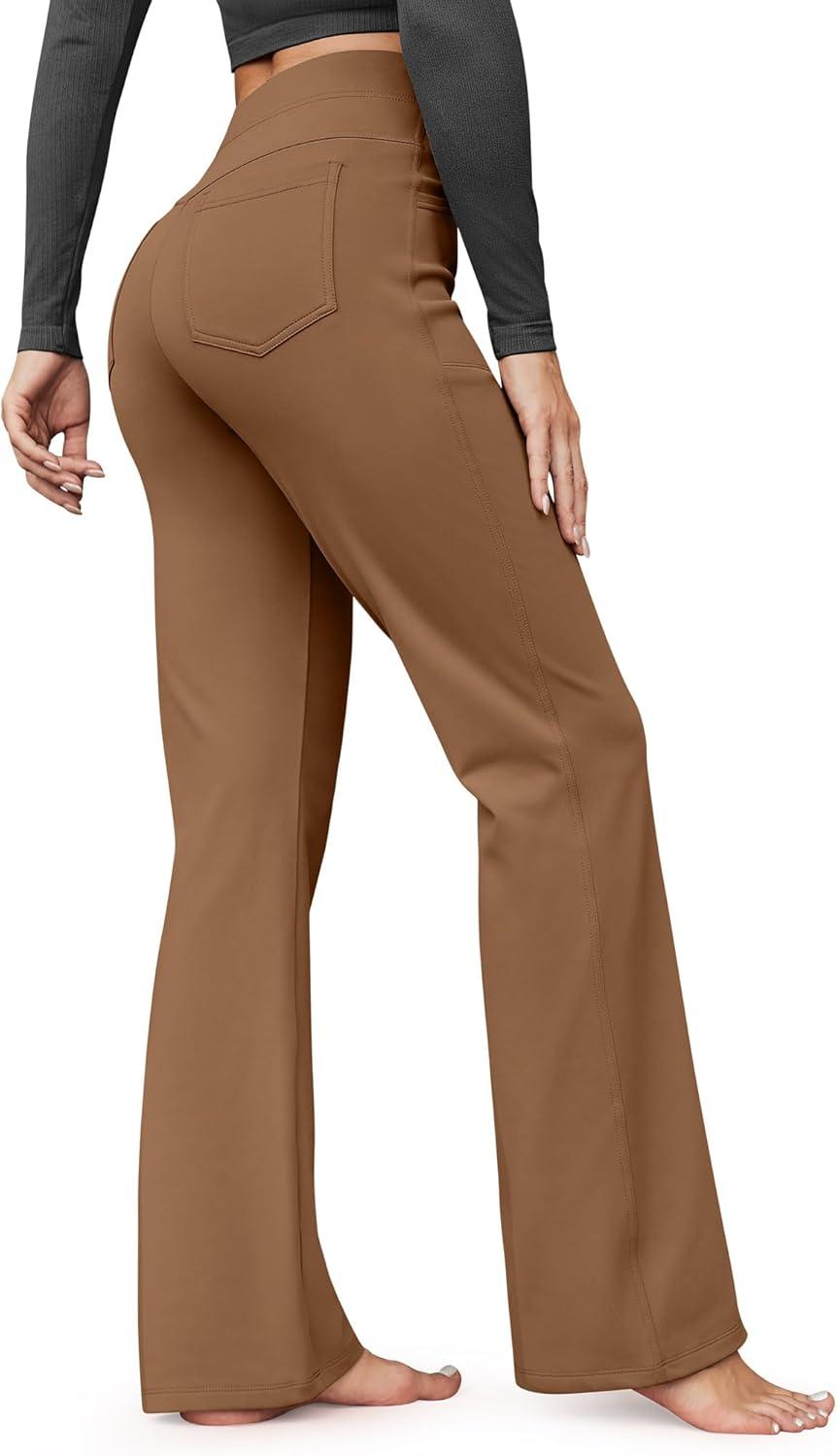 imageG4Free Fleece Lined Pants for Women Yoga Pants with Pockets Flare Leggings High Waisted Bootcut Dress Winter Work SlacksDark Coffee