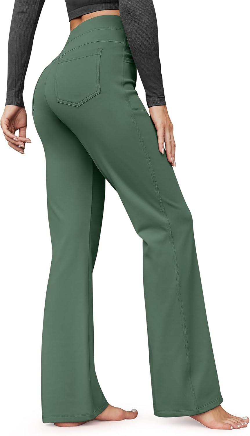 imageG4Free Fleece Lined Pants for Women Yoga Pants with Pockets Flare Leggings High Waisted Bootcut Dress Winter Work SlacksDark Forest Green