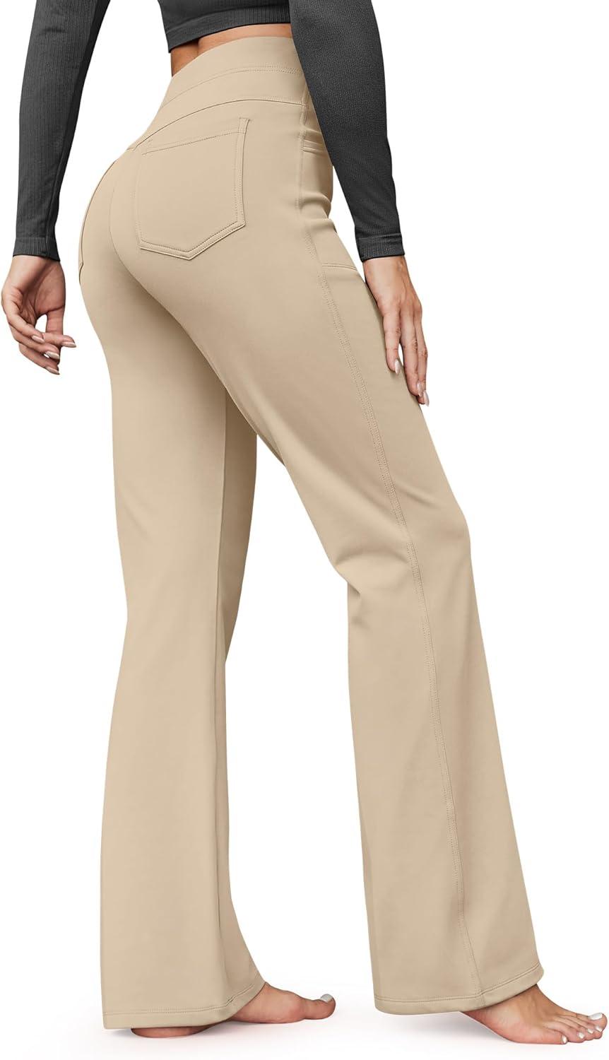 imageG4Free Fleece Lined Pants for Women Yoga Pants with Pockets Flare Leggings High Waisted Bootcut Dress Winter Work SlacksLight Khaki