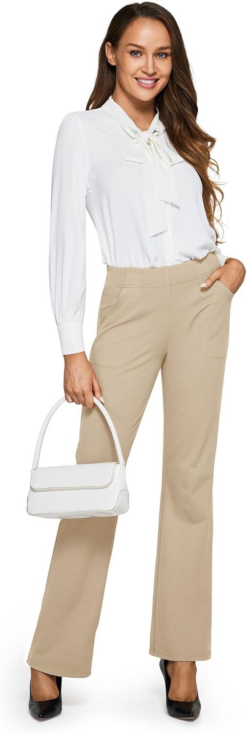 imageG4Free Fleece Lined Pants for Women Yoga Pants with Pockets Flare Leggings High Waisted Bootcut Dress Winter Work SlacksLight Khaki