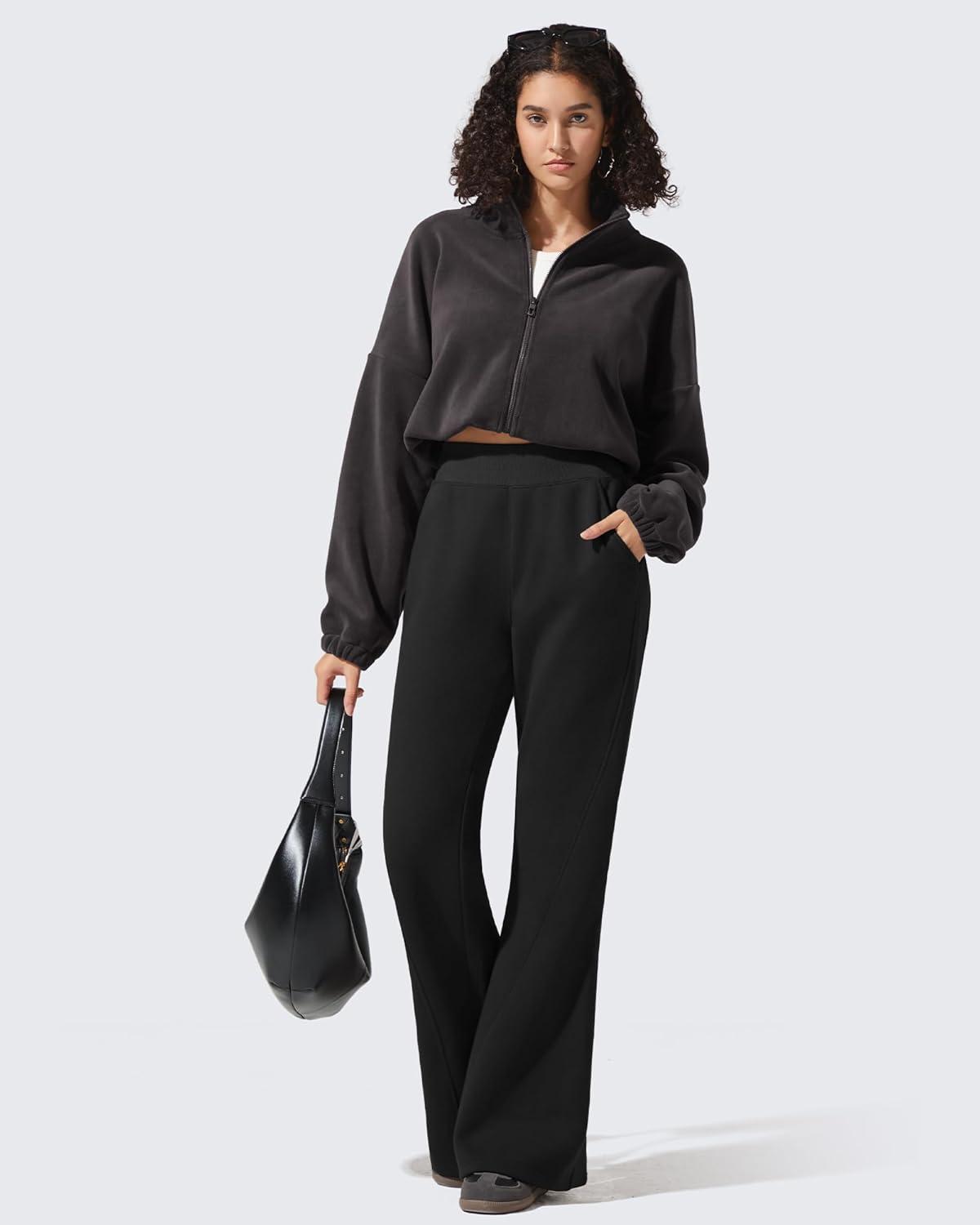 imageG4Free Flurrylux Fleece Lined Pants Women Cotton Loose Flare Sweatpants with Pockets Winter CasualBlack