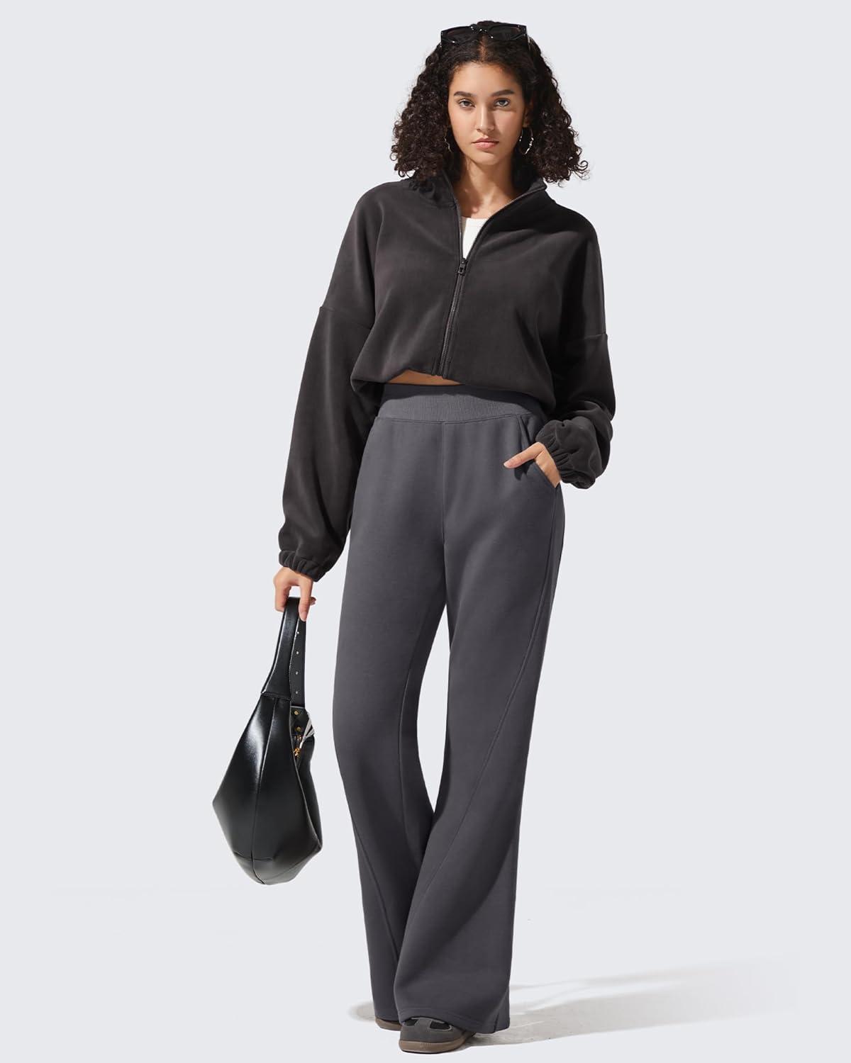 imageG4Free Flurrylux Fleece Lined Pants Women Cotton Loose Flare Sweatpants with Pockets Winter CasualDark Gray