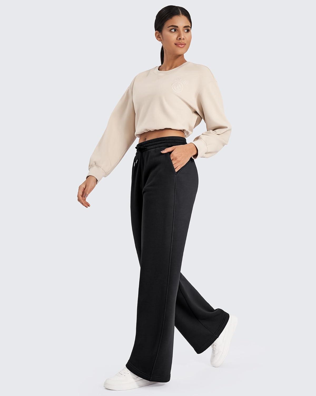 imageG4Free Flurrylux Fleece Lined Sweatpants Women Cotton Wide Leg Pants with Pockets Lounge CasualBlack