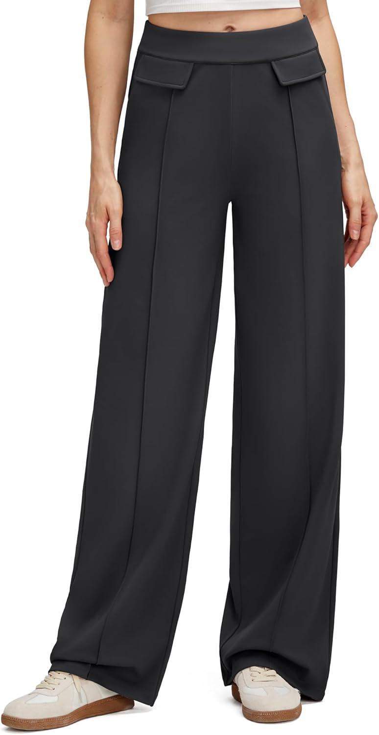 imageG4Free GOTO Womens Wide Leg Pants High Waisted Yoga Pants Casual Palazzo Trousers with PocketsBlack