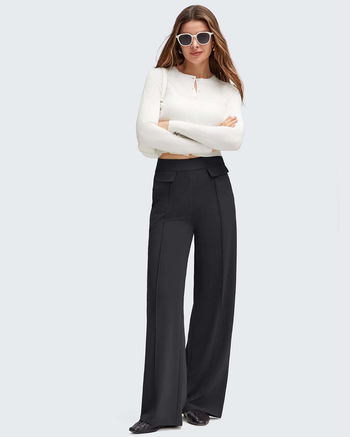 imageG4Free GOTO Womens Wide Leg Pants High Waisted Yoga Pants Casual Palazzo Trousers with PocketsBlack