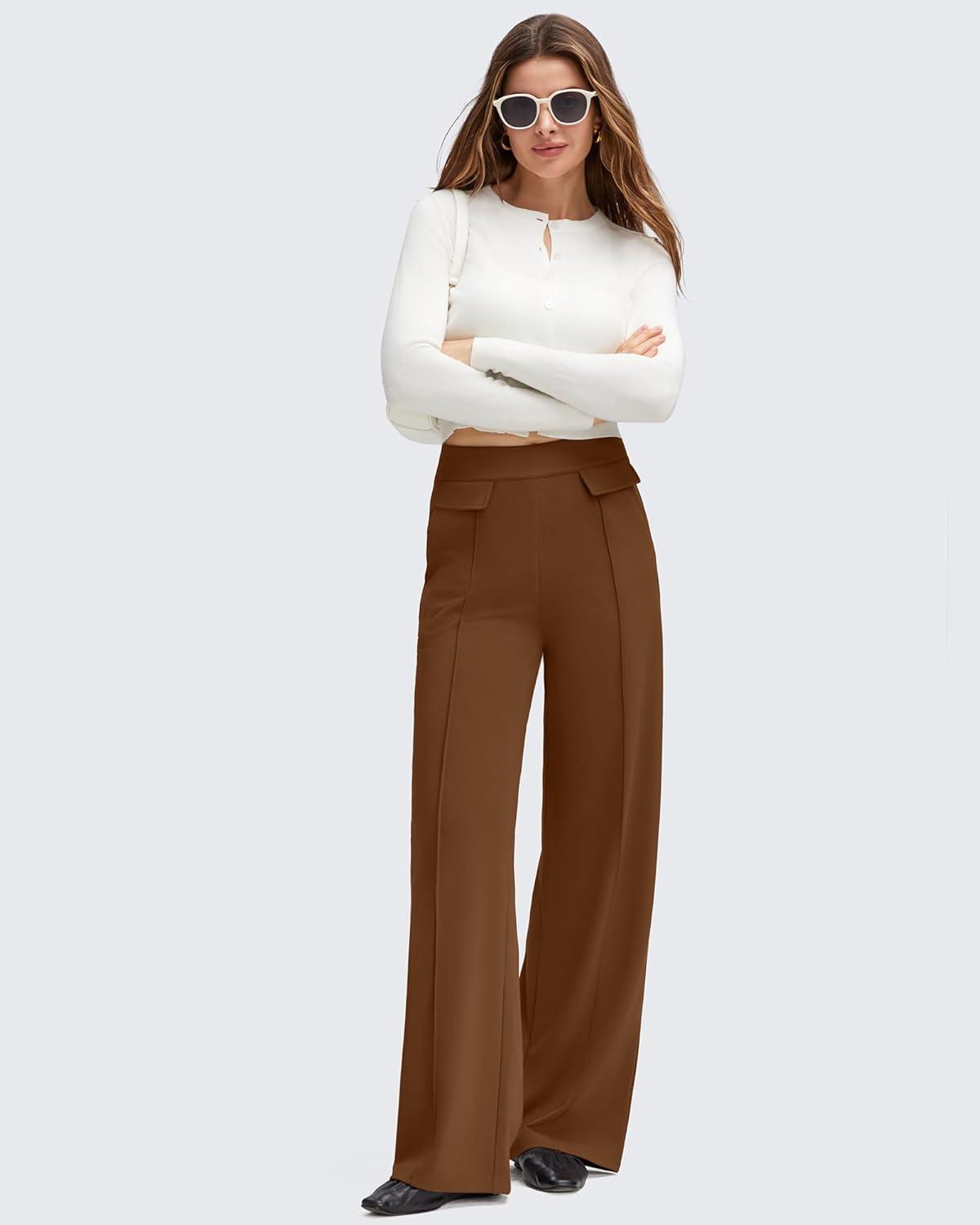 imageG4Free GOTO Womens Wide Leg Pants High Waisted Yoga Pants Casual Palazzo Trousers with PocketsDark Coffee