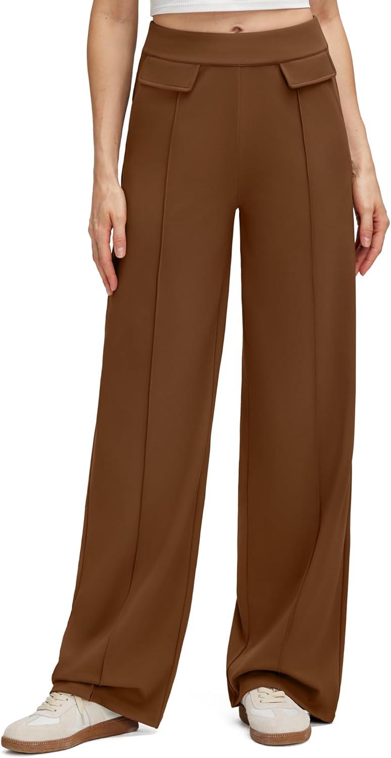 imageG4Free GOTO Womens Wide Leg Pants High Waisted Yoga Pants Casual Palazzo Trousers with PocketsDark Coffee