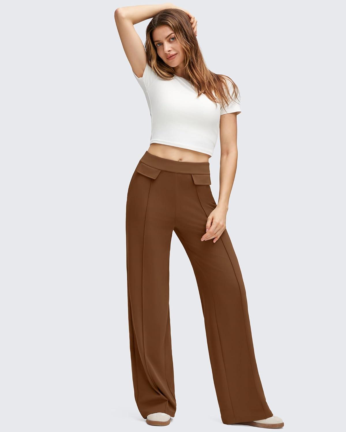 imageG4Free GOTO Womens Wide Leg Pants High Waisted Yoga Pants Casual Palazzo Trousers with PocketsDark Coffee