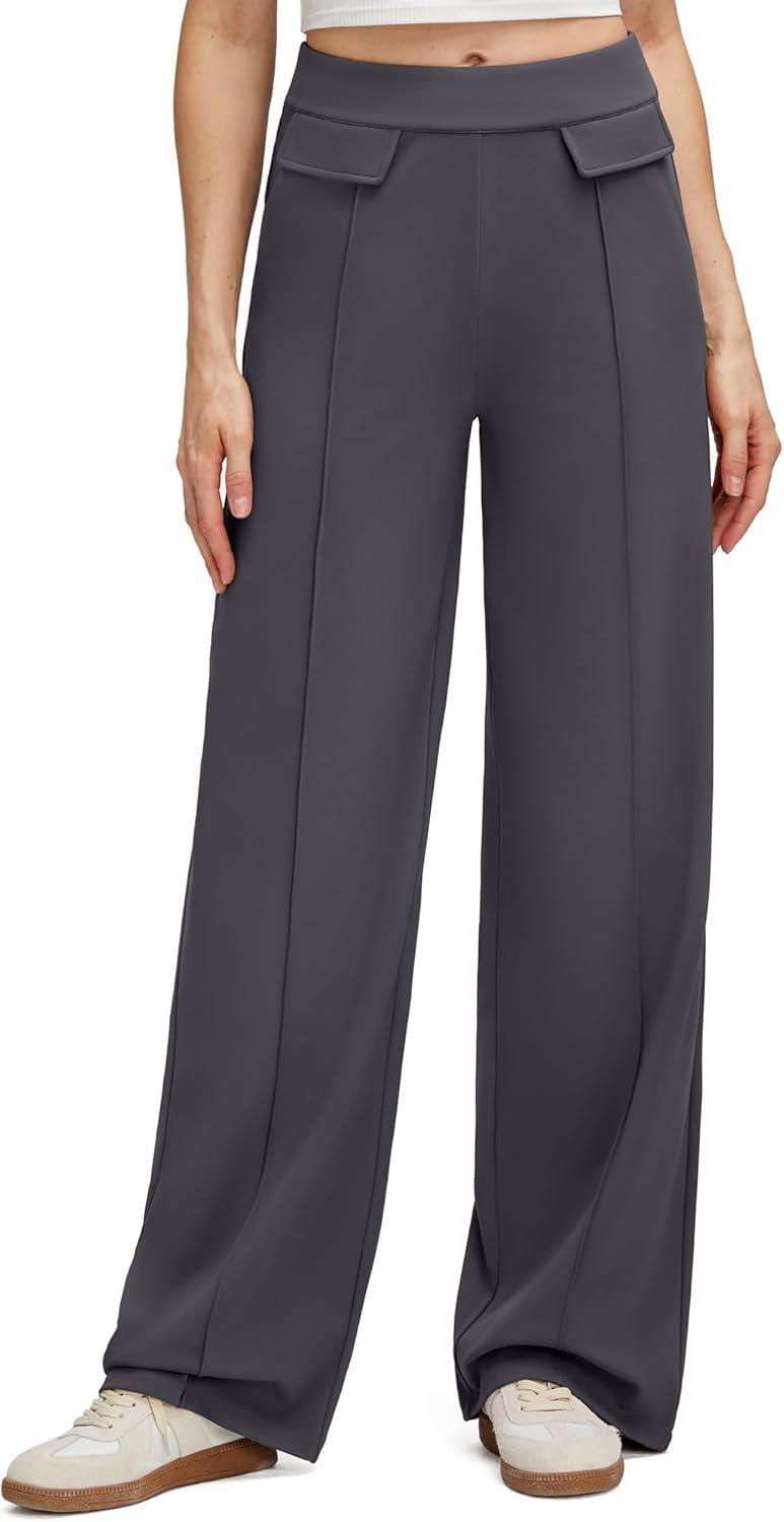 imageG4Free GOTO Womens Wide Leg Pants High Waisted Yoga Pants Casual Palazzo Trousers with PocketsDark Grey