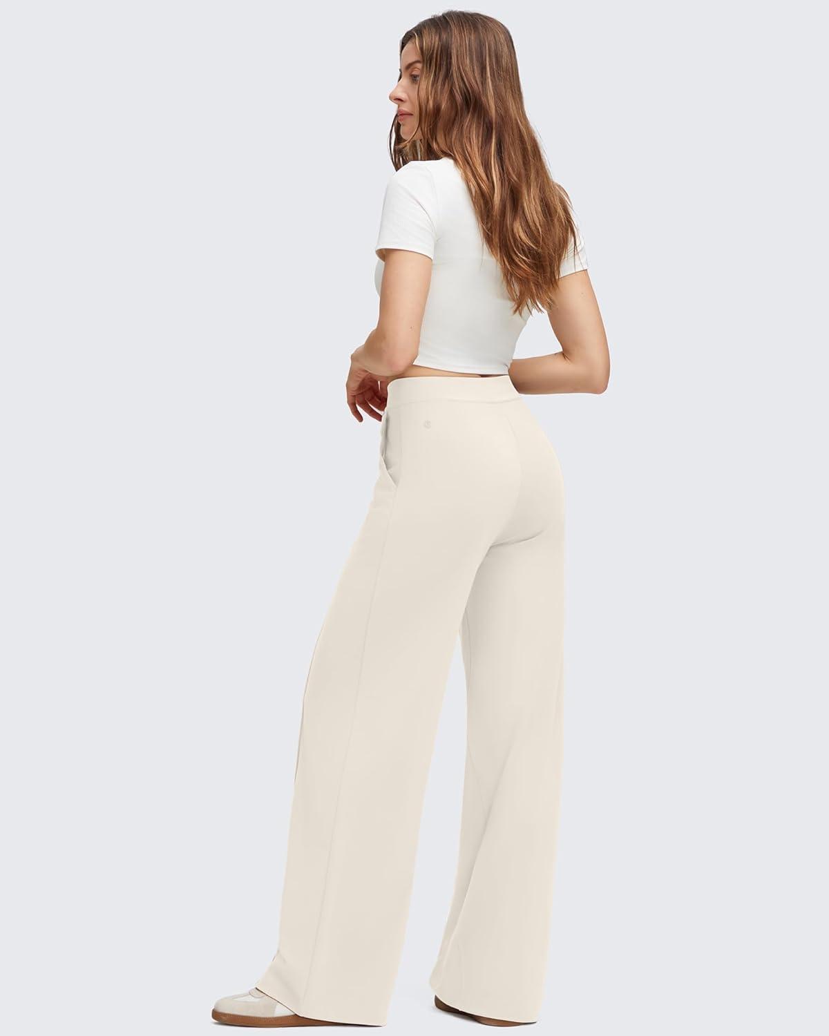 imageG4Free GOTO Womens Wide Leg Pants High Waisted Yoga Pants Casual Palazzo Trousers with PocketsIvory