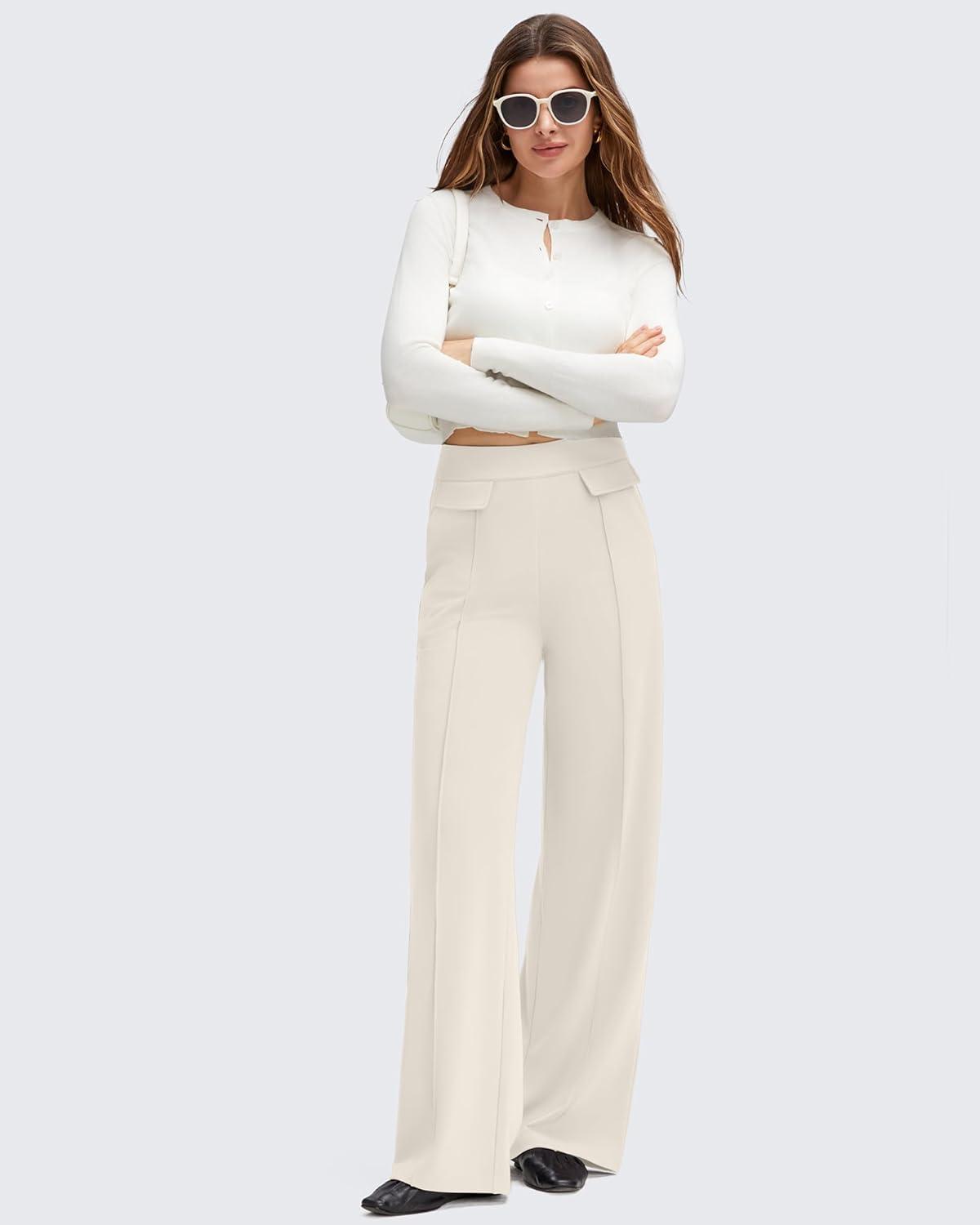 imageG4Free GOTO Womens Wide Leg Pants High Waisted Yoga Pants Casual Palazzo Trousers with PocketsIvory