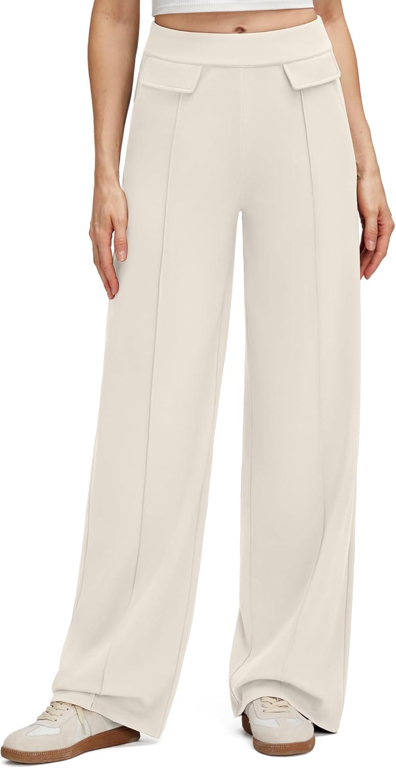 imageG4Free GOTO Womens Wide Leg Pants High Waisted Yoga Pants Casual Palazzo Trousers with PocketsIvory