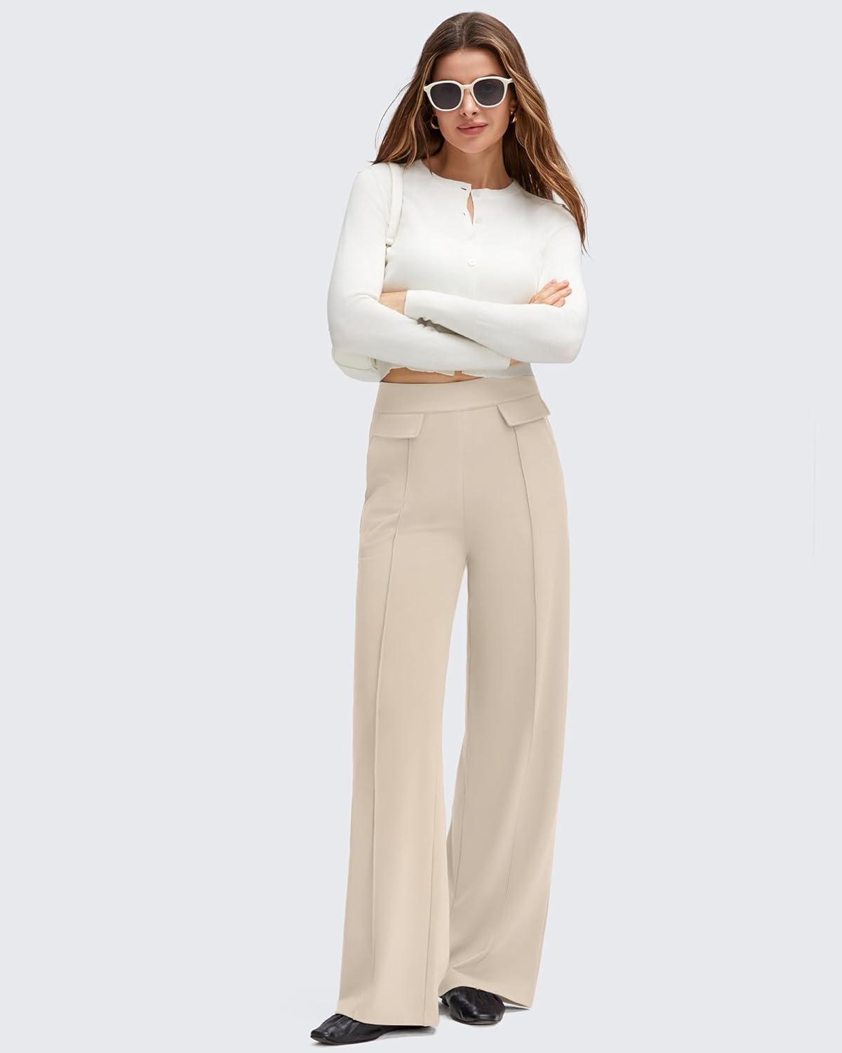 imageG4Free GOTO Womens Wide Leg Pants High Waisted Yoga Pants Casual Palazzo Trousers with PocketsLight Khaki