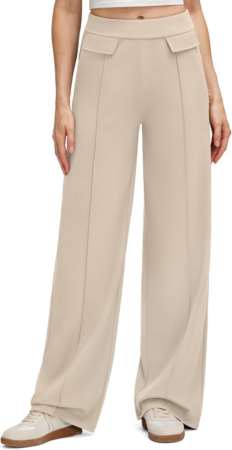 imageG4Free GOTO Womens Wide Leg Pants High Waisted Yoga Pants Casual Palazzo Trousers with PocketsLight Khaki