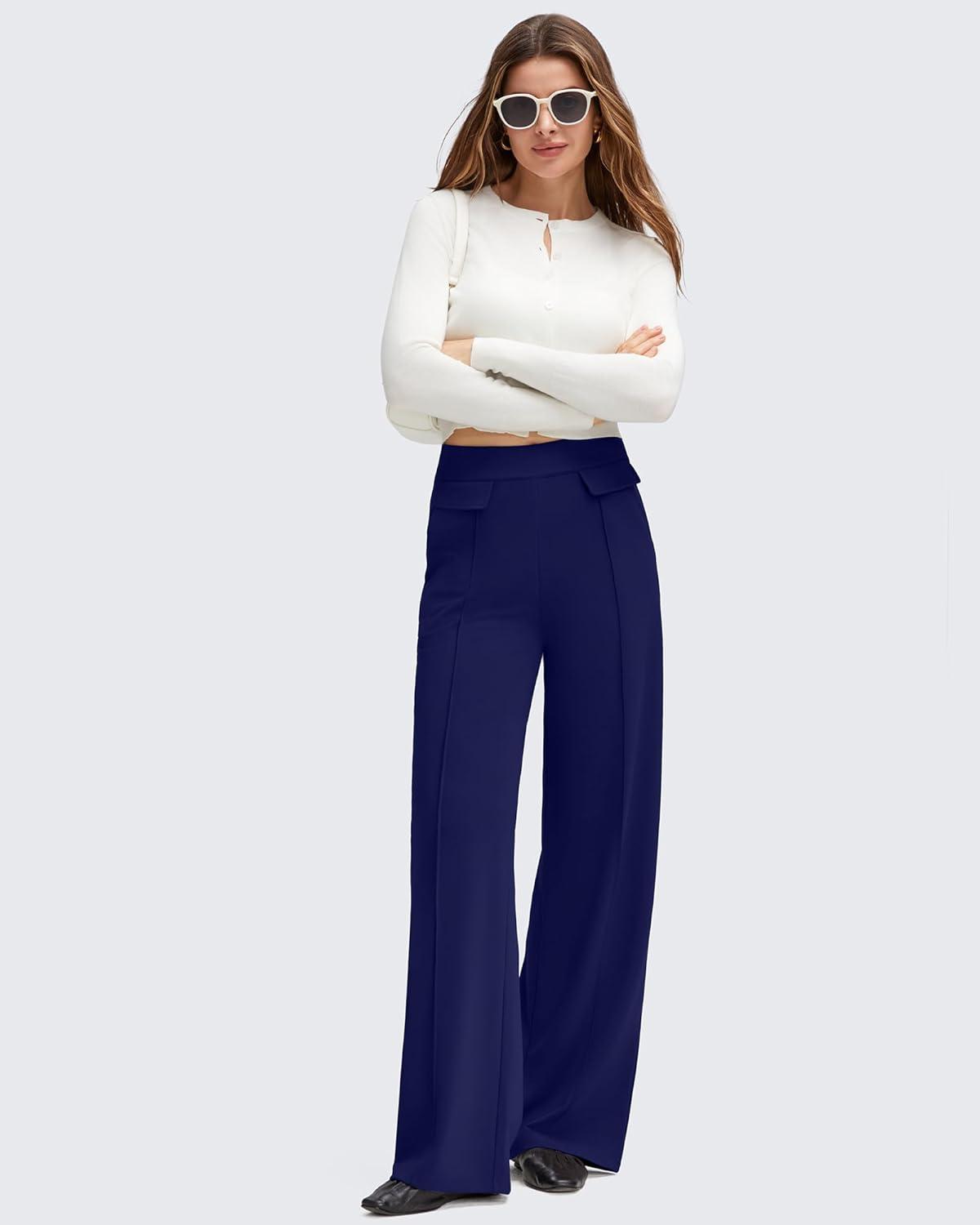 imageG4Free GOTO Womens Wide Leg Pants High Waisted Yoga Pants Casual Palazzo Trousers with PocketsRoyal Blue