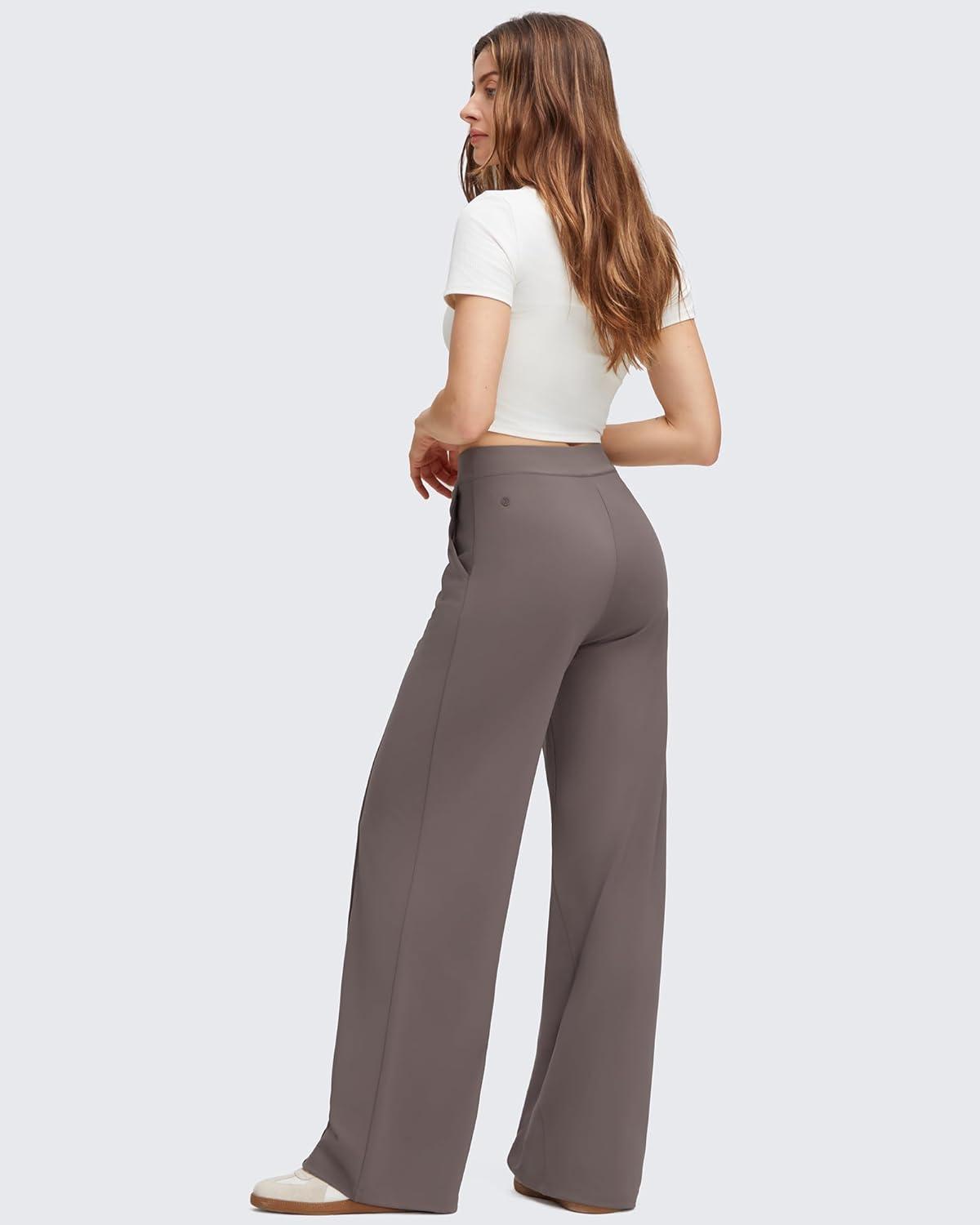 imageG4Free GOTO Womens Wide Leg Pants High Waisted Yoga Pants Casual Palazzo Trousers with PocketsTaupe