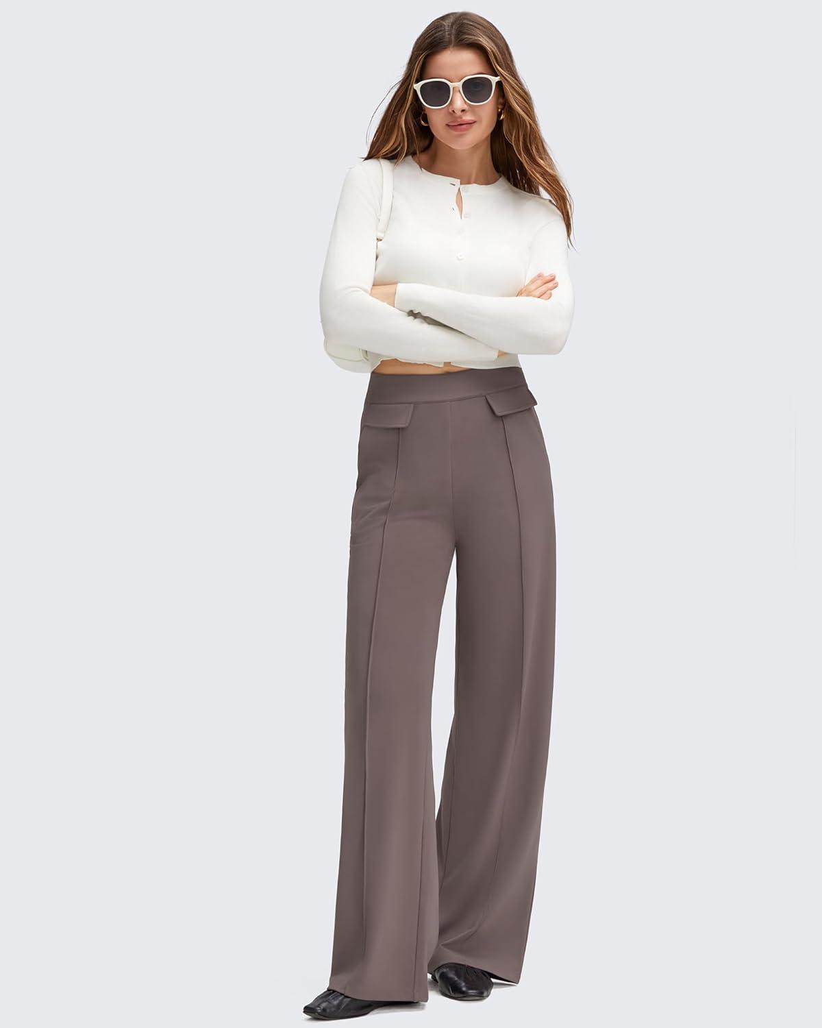 imageG4Free GOTO Womens Wide Leg Pants High Waisted Yoga Pants Casual Palazzo Trousers with PocketsTaupe