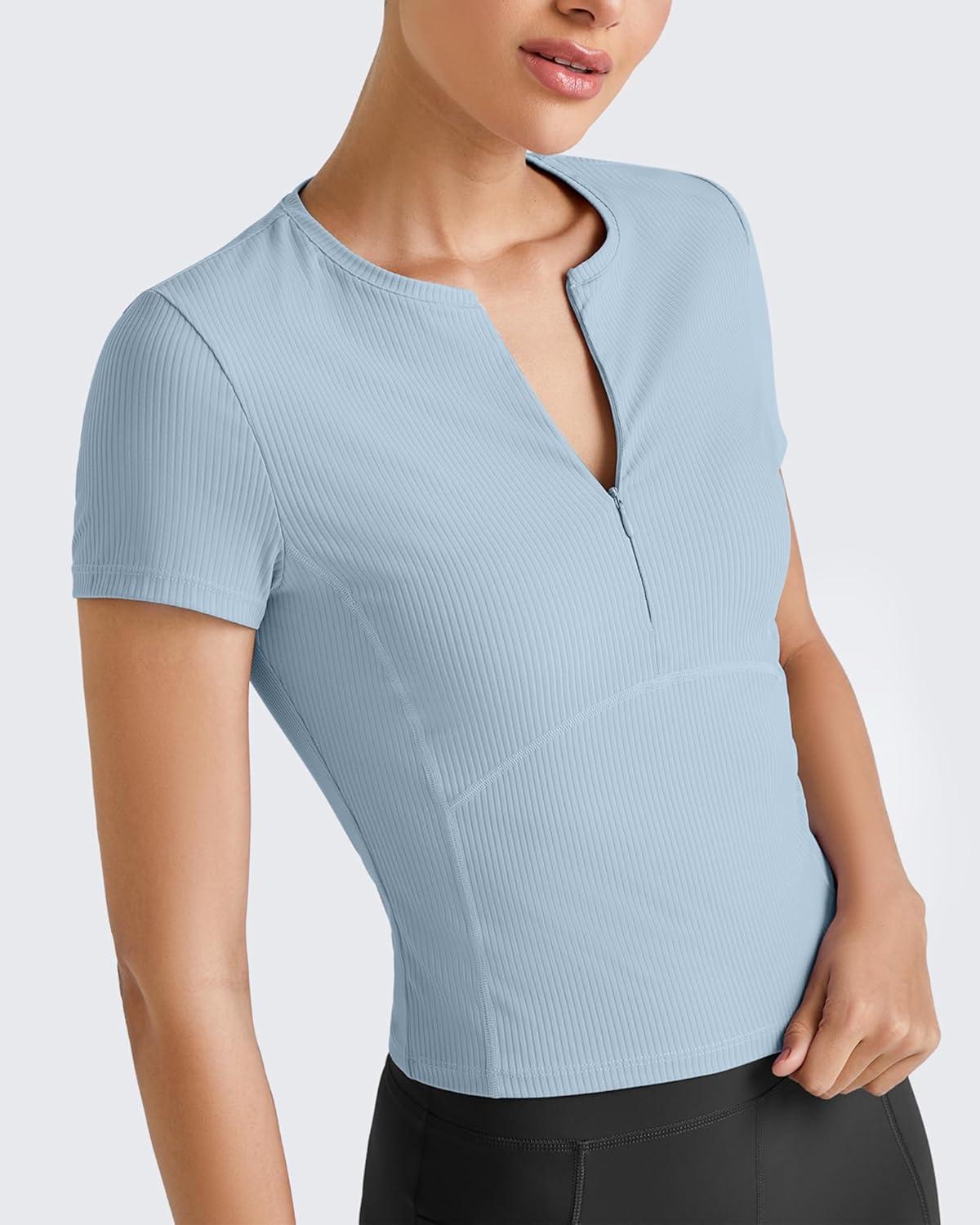 imageG4Free Half Zip Workout Shirts Women Slim Fitted Work Out Tops Gym Athletic Ribbed Tight Tshirts Summer CasualBlue Willow