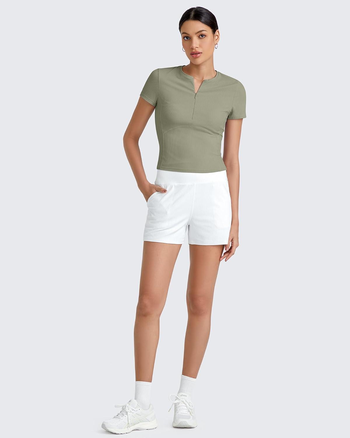imageG4Free Half Zip Workout Shirts Women Slim Fitted Work Out Tops Gym Athletic Ribbed Tight Tshirts Summer CasualGray Olive