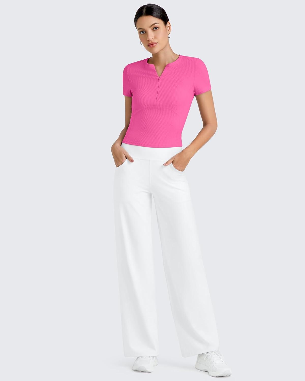 imageG4Free Half Zip Workout Shirts Women Slim Fitted Work Out Tops Gym Athletic Ribbed Tight Tshirts Summer CasualHot Pink