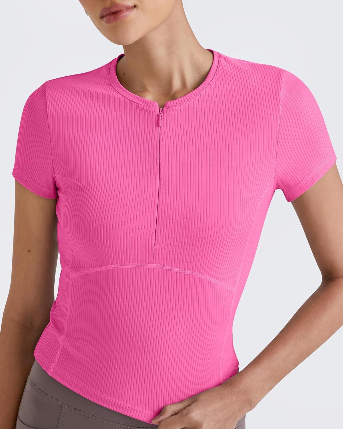 imageG4Free Half Zip Workout Shirts Women Slim Fitted Work Out Tops Gym Athletic Ribbed Tight Tshirts Summer CasualHot Pink