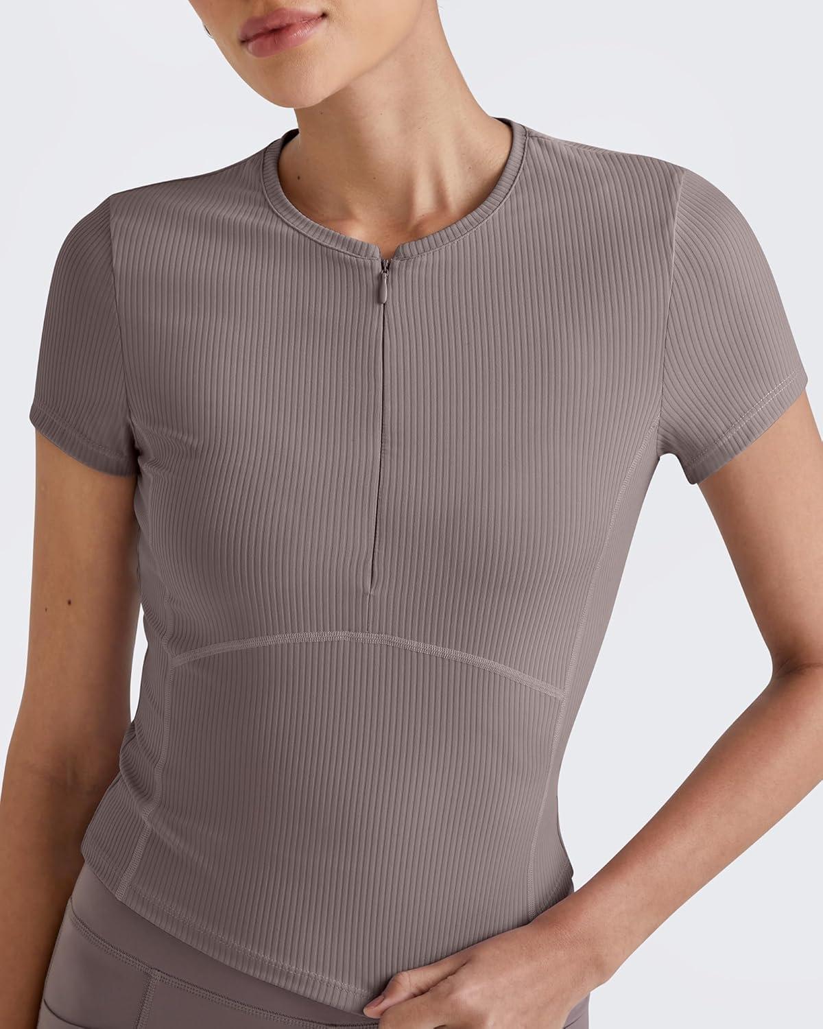 imageG4Free Half Zip Workout Shirts Women Slim Fitted Work Out Tops Gym Athletic Ribbed Tight Tshirts Summer CasualTaupe