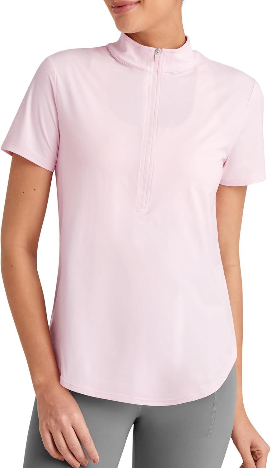 imageG4Free Lightbreeze UPF 50 Womens Workout Tops Short Sleeve Half Zip Golf Shirts Loose Fit Athletic Gym Tshirts RunningPink