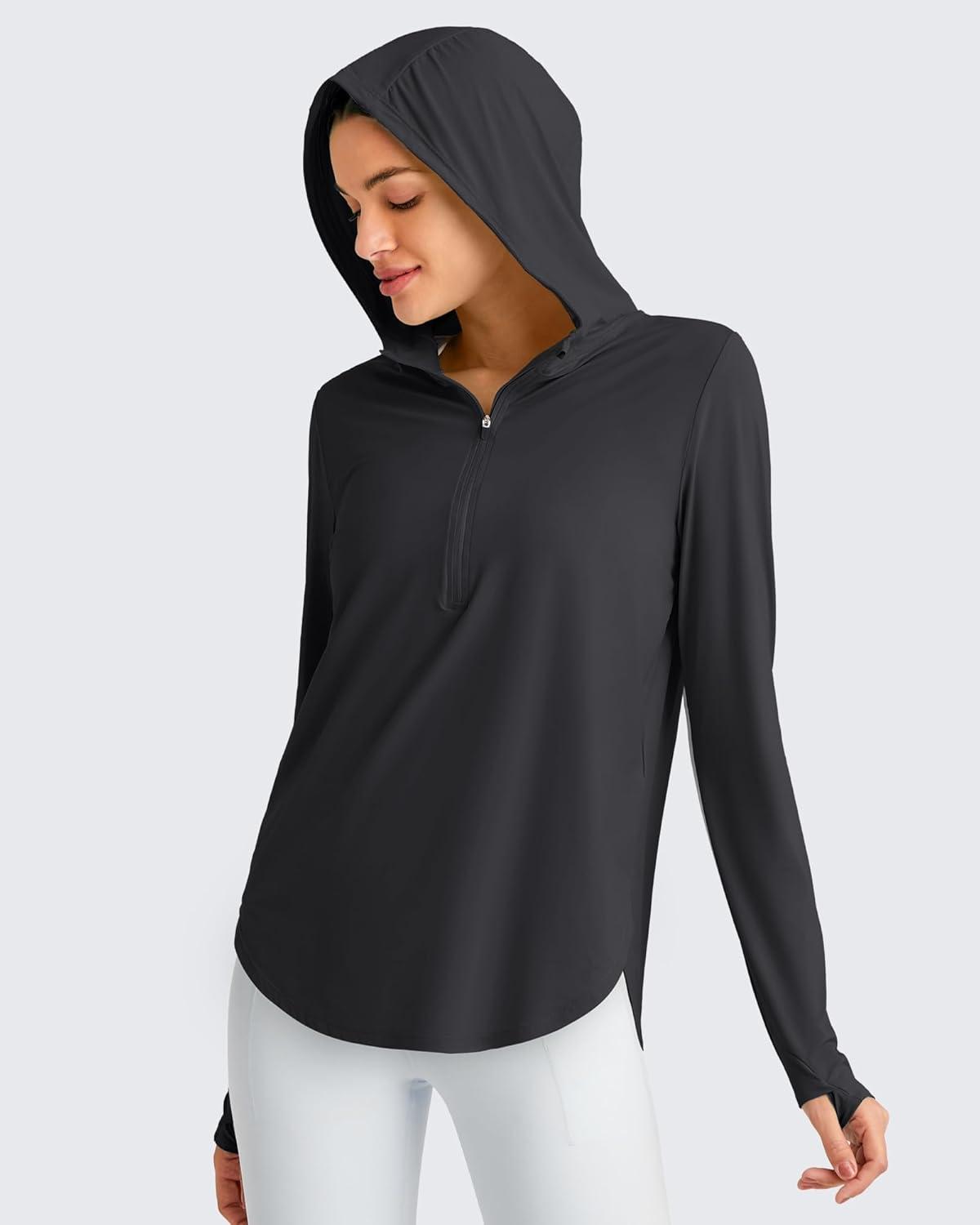 imageG4Free Lightbreeze Womens UPF 50 Sun Shirts with Hoodie Long Sleeve Workout Tops Half Zip Rash Guard Hiking FishingBlack