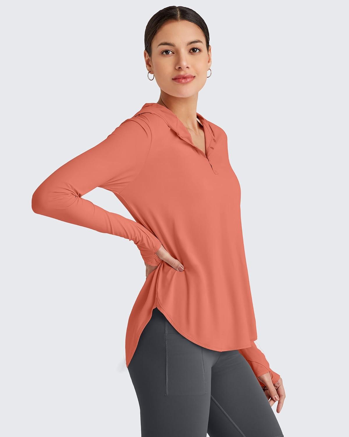 imageG4Free Lightbreeze Womens UPF 50 Sun Shirts with Hoodie Long Sleeve Workout Tops Half Zip Rash Guard Hiking FishingBurnt Orange