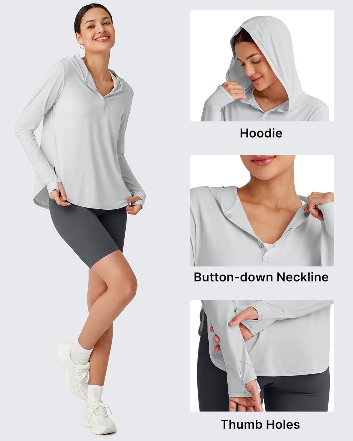 imageG4Free Lightbreeze Womens UPF 50 Sun Shirts with Hoodie Long Sleeve Workout Tops Half Zip Rash Guard Hiking FishingGray