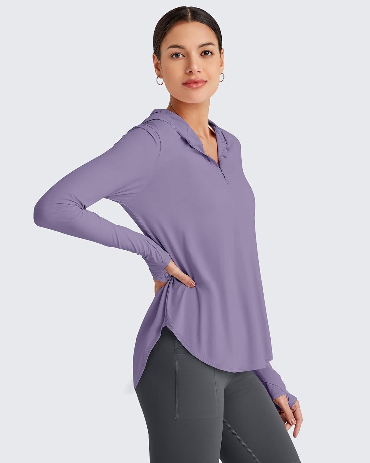 imageG4Free Lightbreeze Womens UPF 50 Sun Shirts with Hoodie Long Sleeve Workout Tops Half Zip Rash Guard Hiking FishingGray Purple