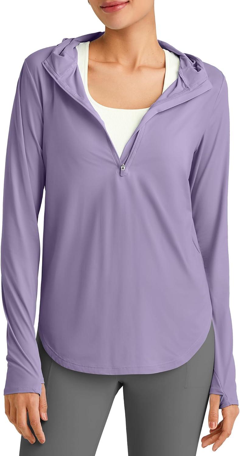 imageG4Free Lightbreeze Womens UPF 50 Sun Shirts with Hoodie Long Sleeve Workout Tops Half Zip Rash Guard Hiking FishingGray Purple