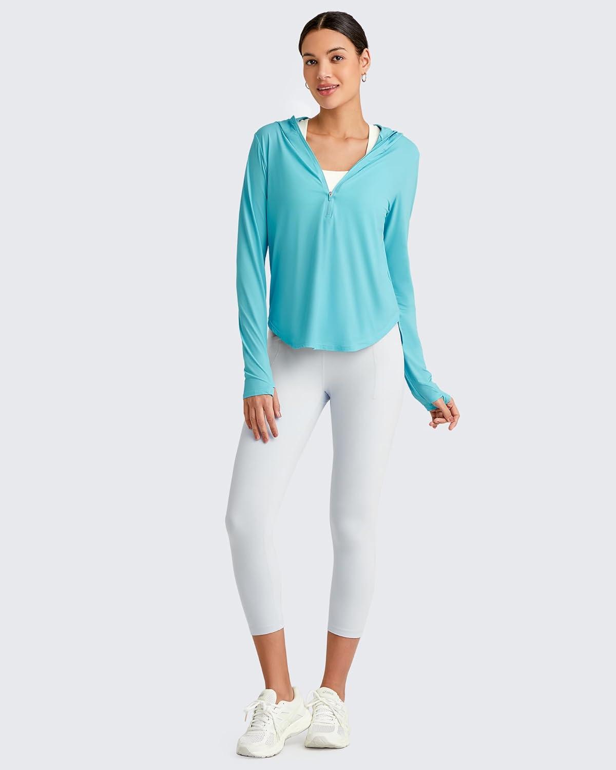 imageG4Free Lightbreeze Womens UPF 50 Sun Shirts with Hoodie Long Sleeve Workout Tops Half Zip Rash Guard Hiking FishingLake Blue