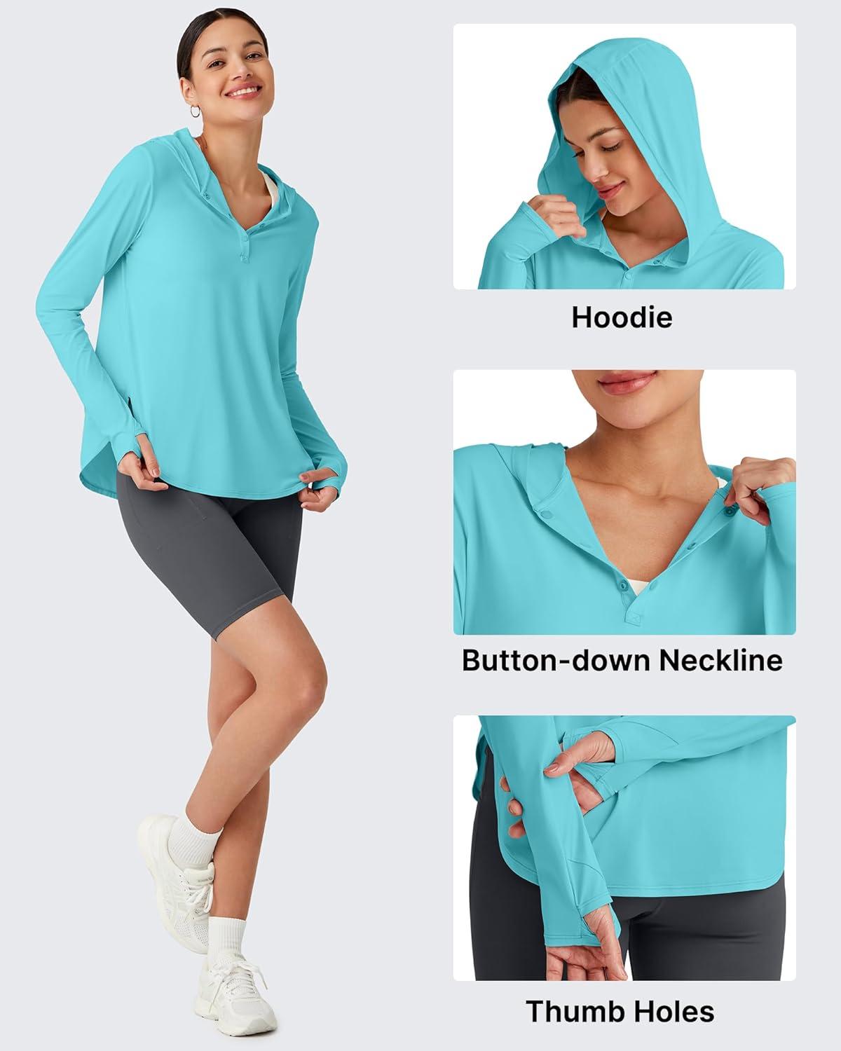 imageG4Free Lightbreeze Womens UPF 50 Sun Shirts with Hoodie Long Sleeve Workout Tops Half Zip Rash Guard Hiking FishingLake Blue