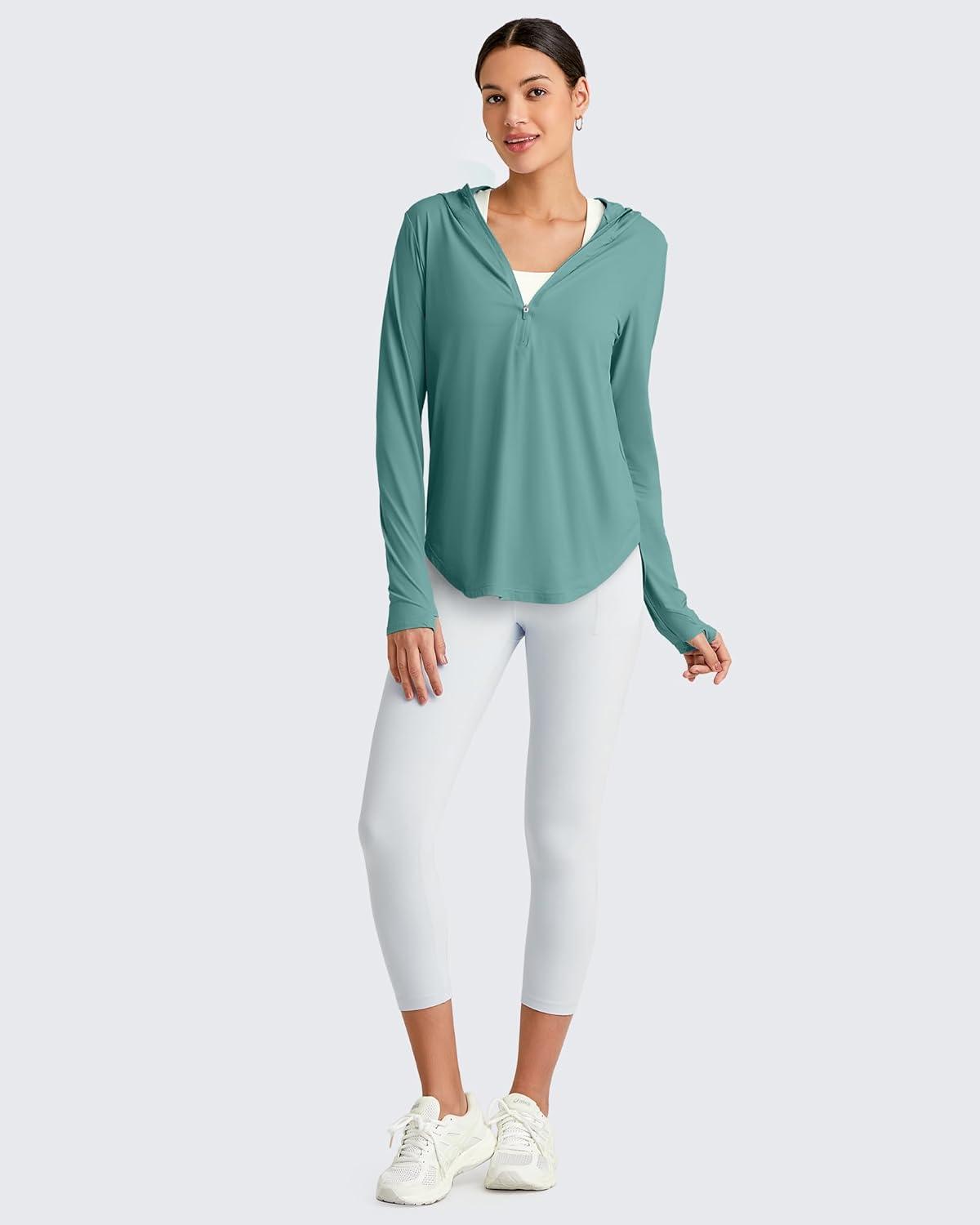 imageG4Free Lightbreeze Womens UPF 50 Sun Shirts with Hoodie Long Sleeve Workout Tops Half Zip Rash Guard Hiking FishingMyrtle Green