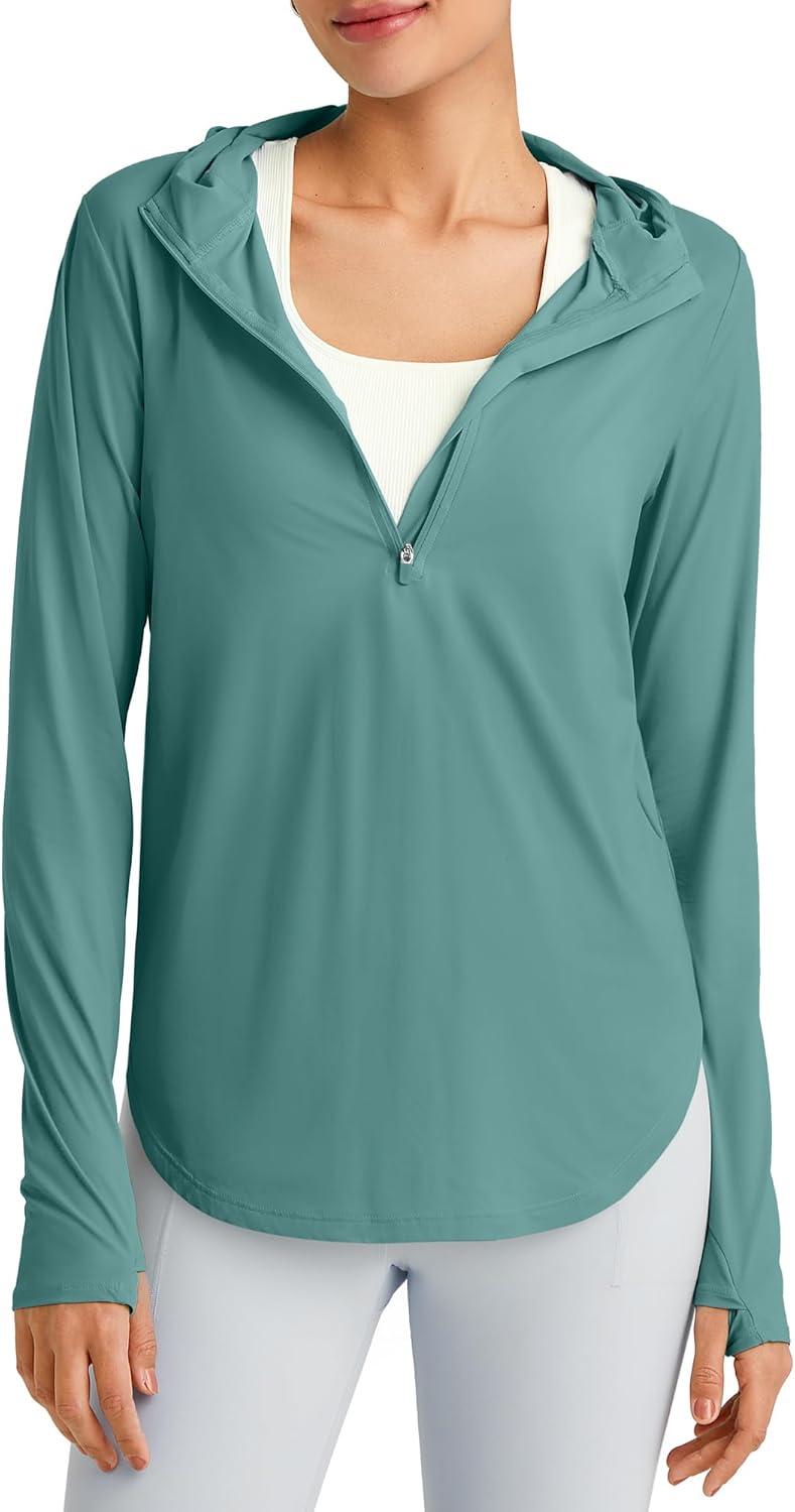 imageG4Free Lightbreeze Womens UPF 50 Sun Shirts with Hoodie Long Sleeve Workout Tops Half Zip Rash Guard Hiking FishingMyrtle Green