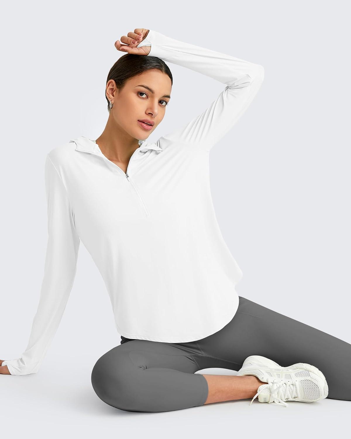 imageG4Free Lightbreeze Womens UPF 50 Sun Shirts with Hoodie Long Sleeve Workout Tops Half Zip Rash Guard Hiking FishingWhite