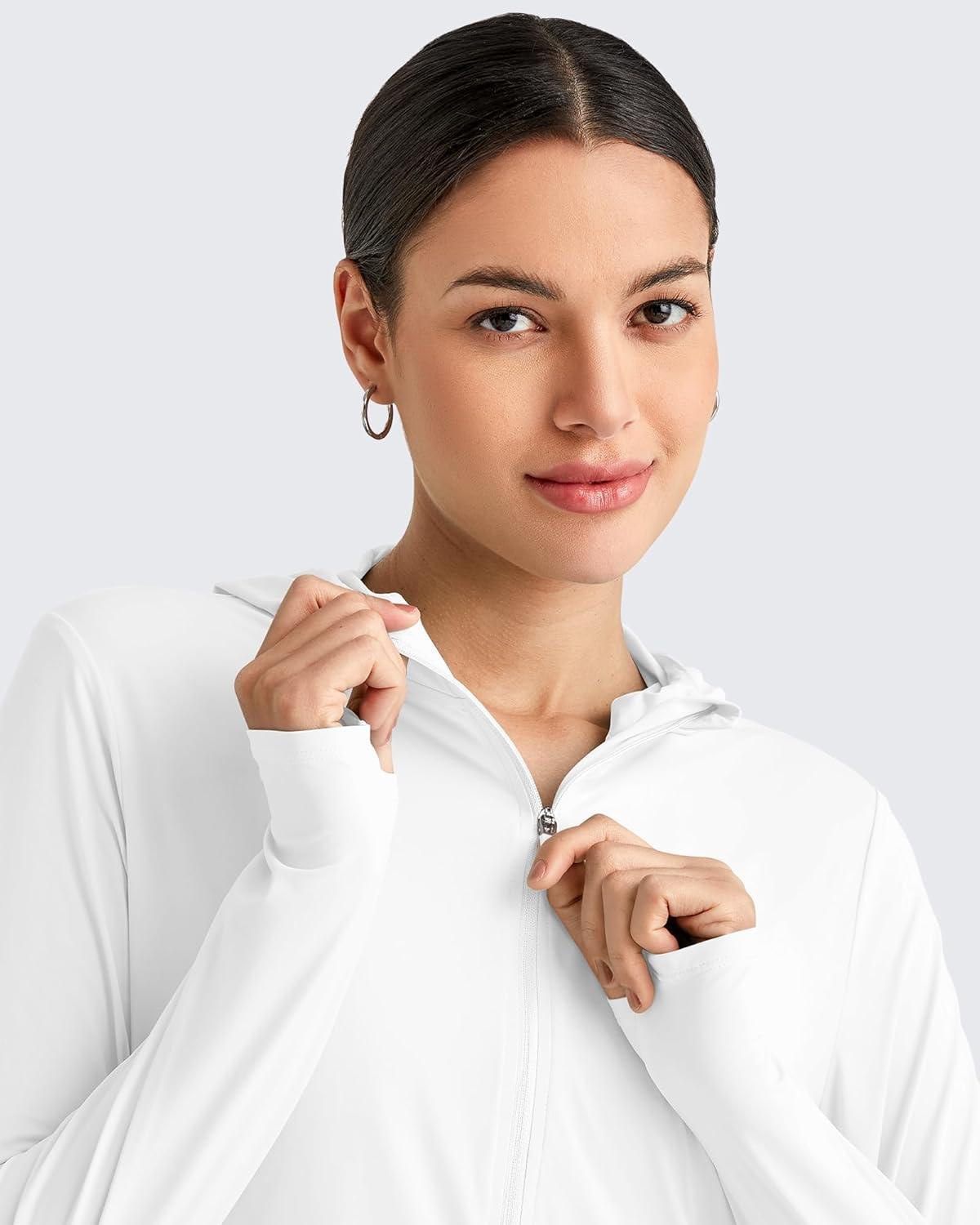 imageG4Free Lightbreeze Womens UPF 50 Sun Shirts with Hoodie Long Sleeve Workout Tops Half Zip Rash Guard Hiking FishingWhite