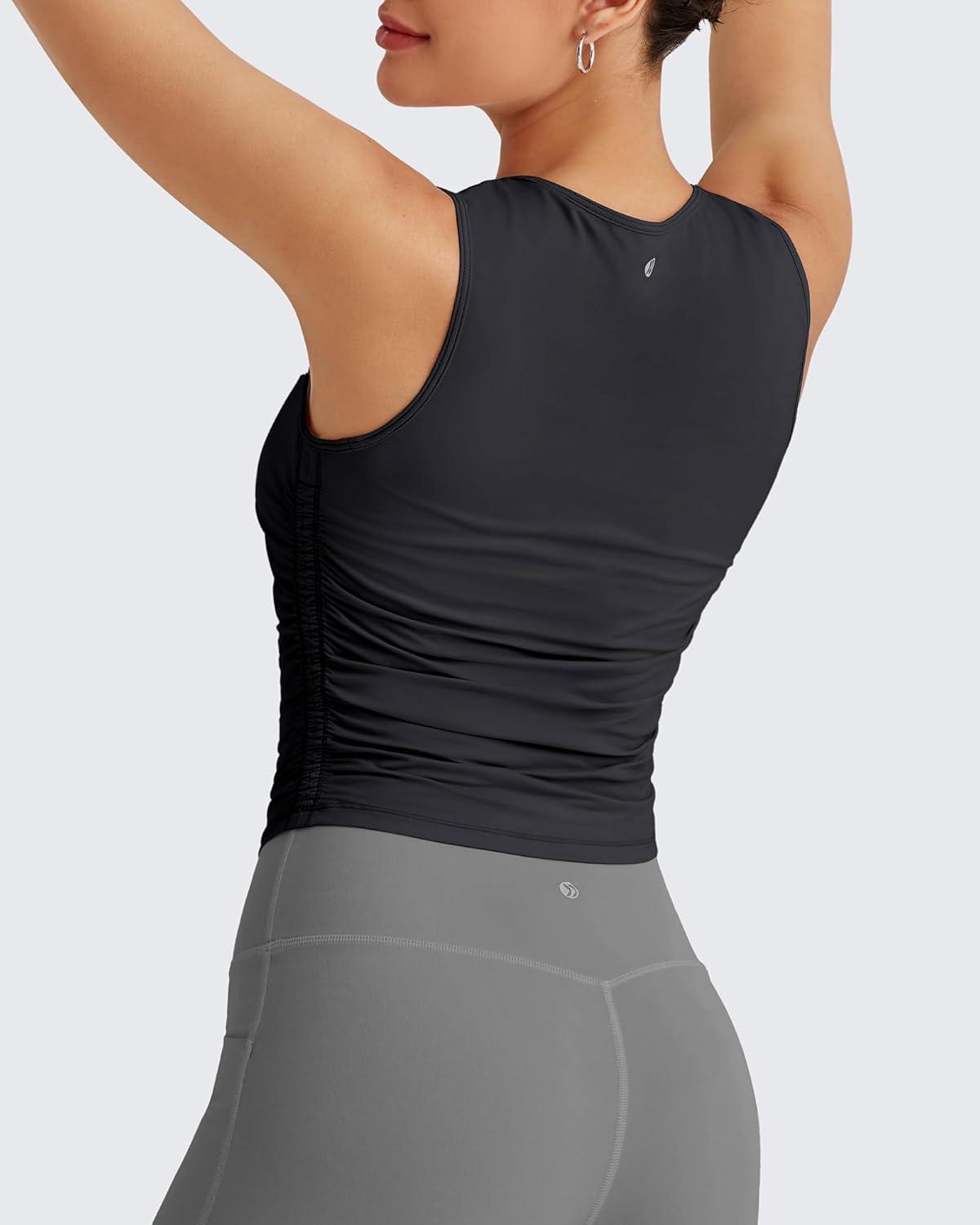 imageG4Free Lightbreeze Workout Tank Tops for Women Side Ruched Sleeveless High Neck Crop Top Summer Athletic Gym ShirtsBlack