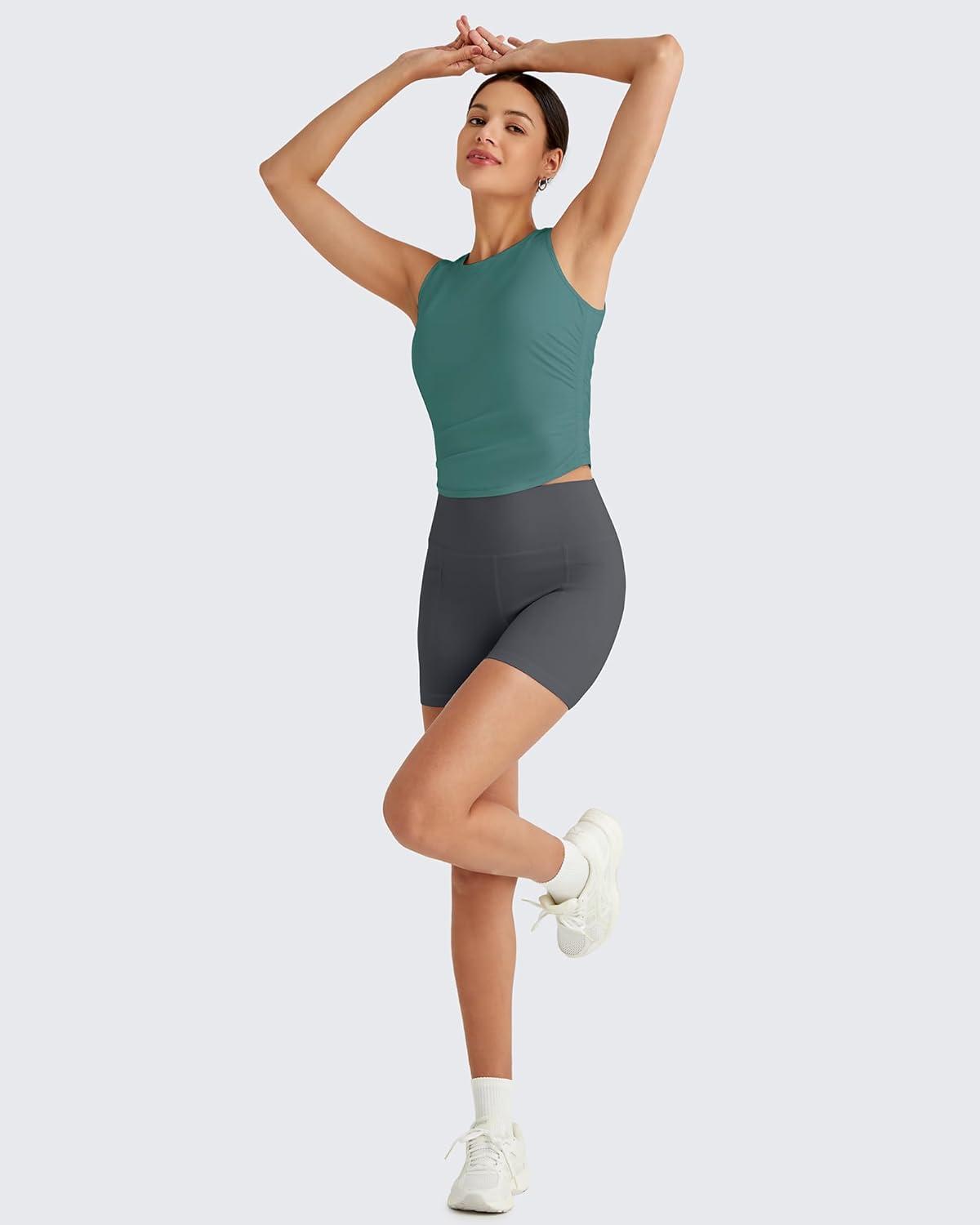 imageG4Free Lightbreeze Workout Tank Tops for Women Side Ruched Sleeveless High Neck Crop Top Summer Athletic Gym ShirtsMyrtle Green